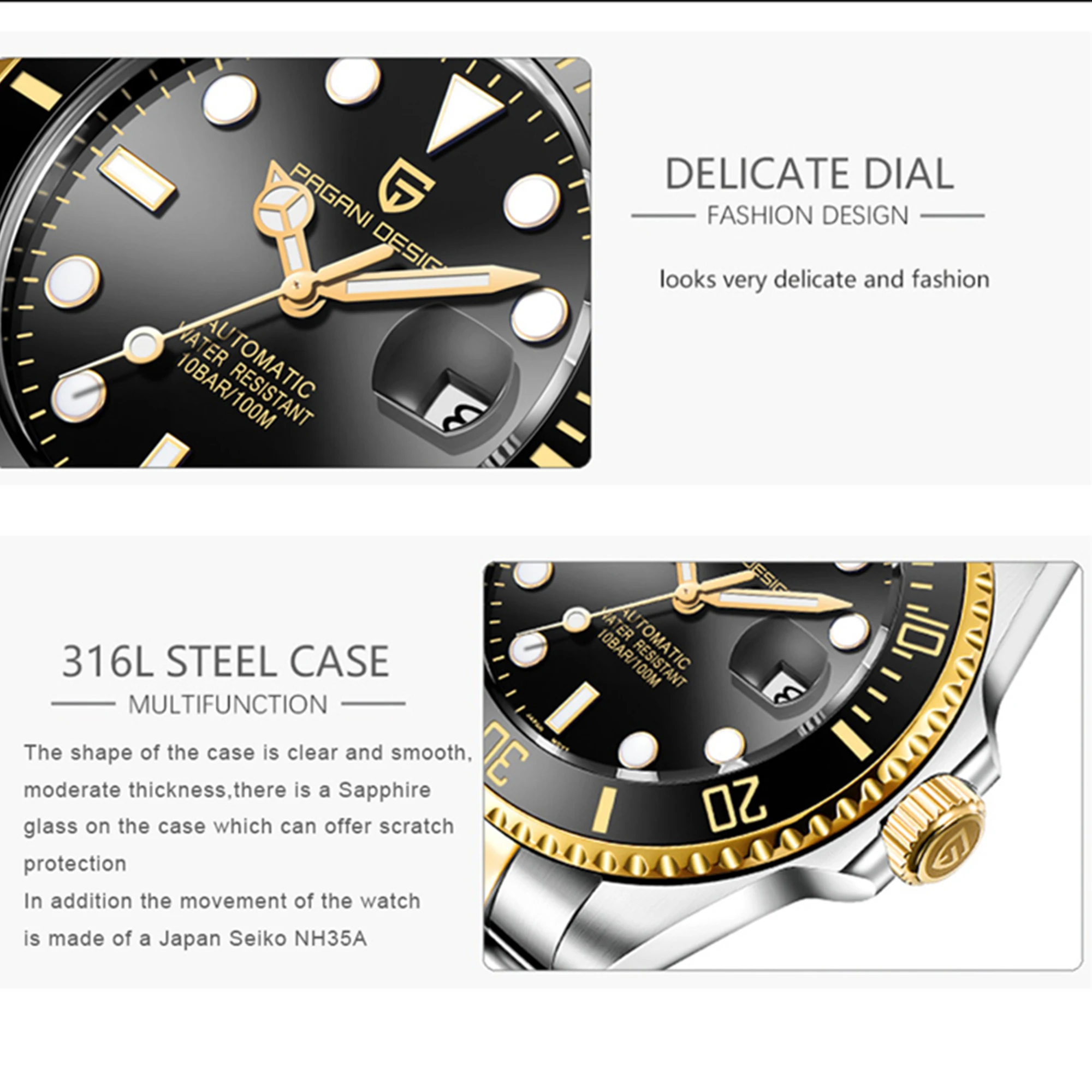 PAGANI дизайнерские брендовые Роскошные мужские часы Автоматические черные часы мужские из нержавеющей стали водонепроницаемые деловые спортивные механические наручные часы