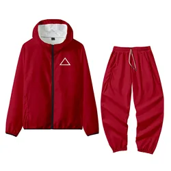 Men Women Jacket Pant Set Squid Game Square Circle Geometry Stand Collar Cosplay Costumes Zipper Round Six Sweatshirts Hoodies