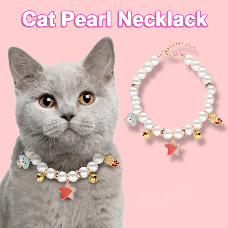 

Cat Collar Pet Accessories Cute Hand Woven Adjustable Imitation Pearl Cats Necklace Bell Fashion Pet Collar for Female Cats