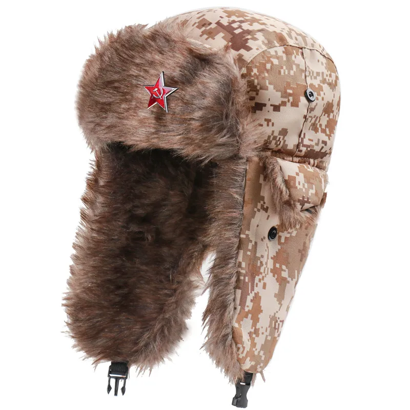 waterproof bomber hat CAMOLAND Winter Warm Bomber Hat Women Men Military Army Soviet Badge Russia Ushanka Cap Outdoor Faux Fur Earflap Caps mad bomber leather rabbit fur hat Bomber Hats