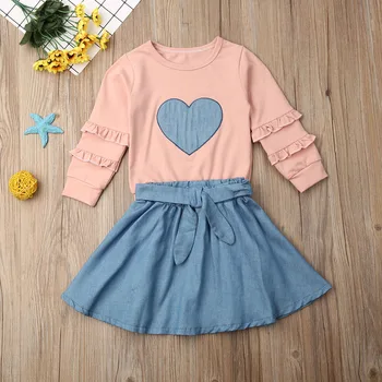 

Pudcoco Toddler Baby Girl Clothes Solid Color Peach Heart Ruffle Long Sleeve Tops Mini Skirt 2Pcs Outfits Cotton Clothes Set