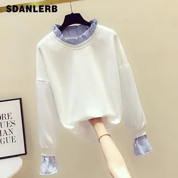 

2019 Autumn Women New Stripe Ruffles Stitching Round-necked Long-sleeved Sweatshirt Female Lady Leisure Pull Hoodies Coats