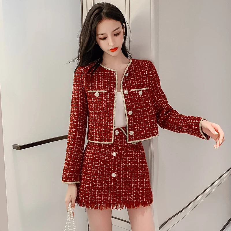 

HAMALIEL 2019 Autumn Winter Tweed 2 Piece Set Fashion Women Short Plaid Red Jacket Coat + Mini Tassel Bodycon Pencil Skirt Set