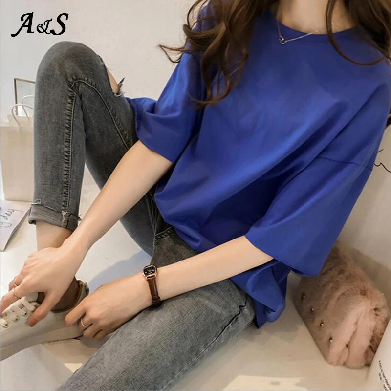 Korean Style Female T-shirt Pure Color M-XL Oversized Women Tops Harajuku  Simple Basic Tee Shirt Feminina White Casual O-neck