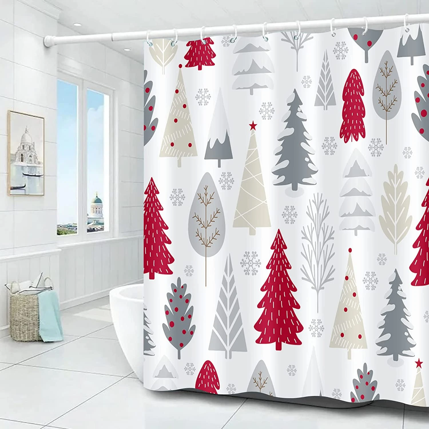 Juego de cortina ducha de Navidad, cortinas baño de tela Simple con ganchos para decoración del hogar, dibujo mano de árboles de Navidad, color rojo y gris|Cortinas de -