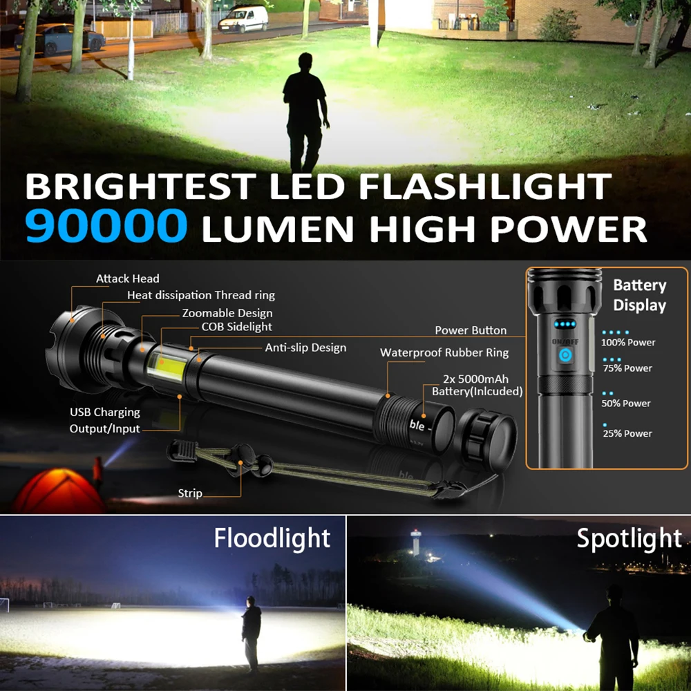 Rechargeable Flashlight 90000 Lumens Led Flashlight Upgraded P70 7 Modes Lighting Zoomable for Outdoor Emergency