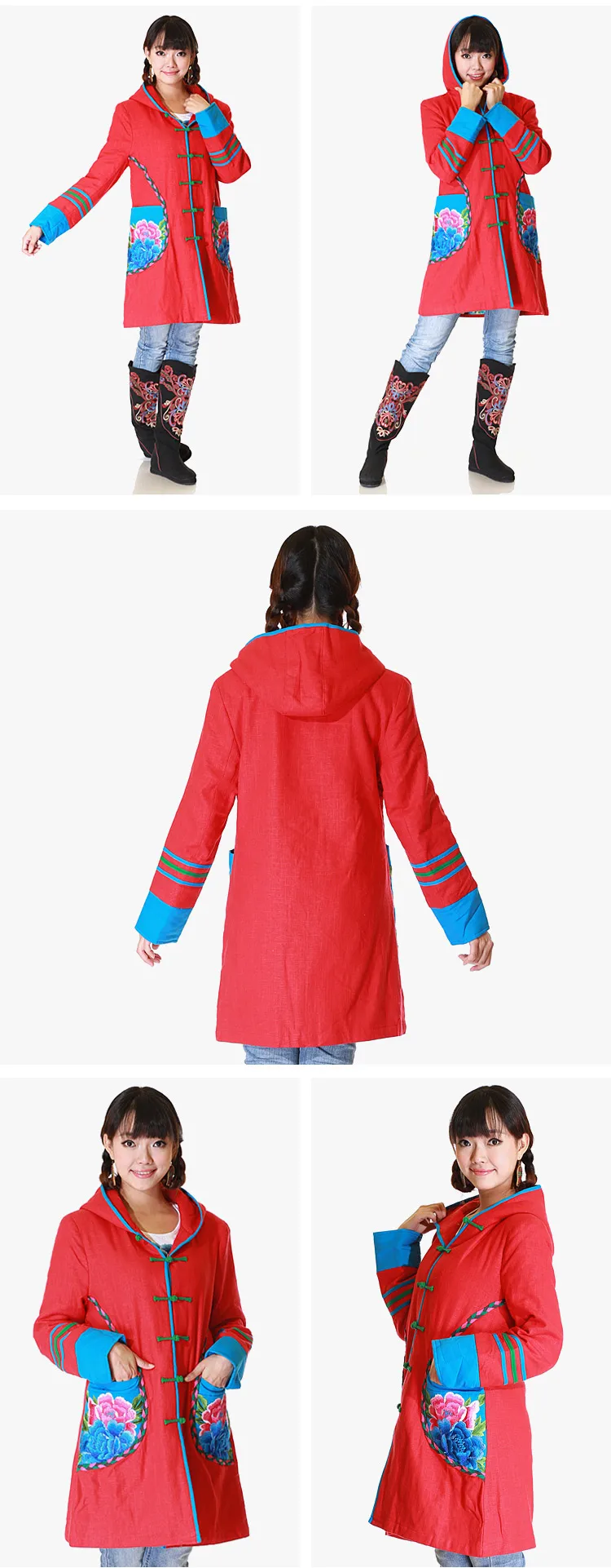 Special Offer Not National Wind Winter Cotton-padded Clothes WOMEN'S Dress Zhu Section Linen Embroidered Cotton Coat Mid-length