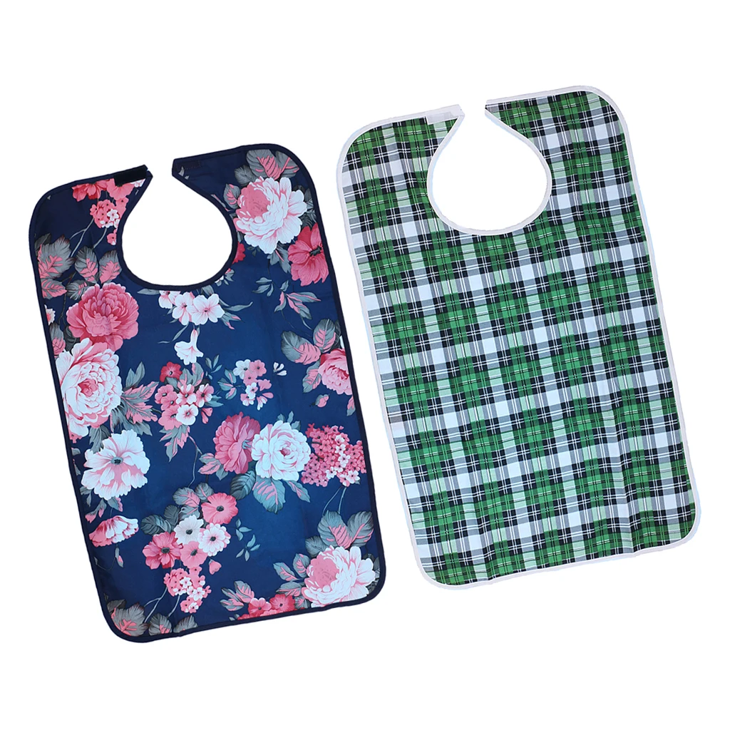 2 Pieces Adults Reusable Mealtime Bib Protector Disability Aid Aprons  Plaid Pattern