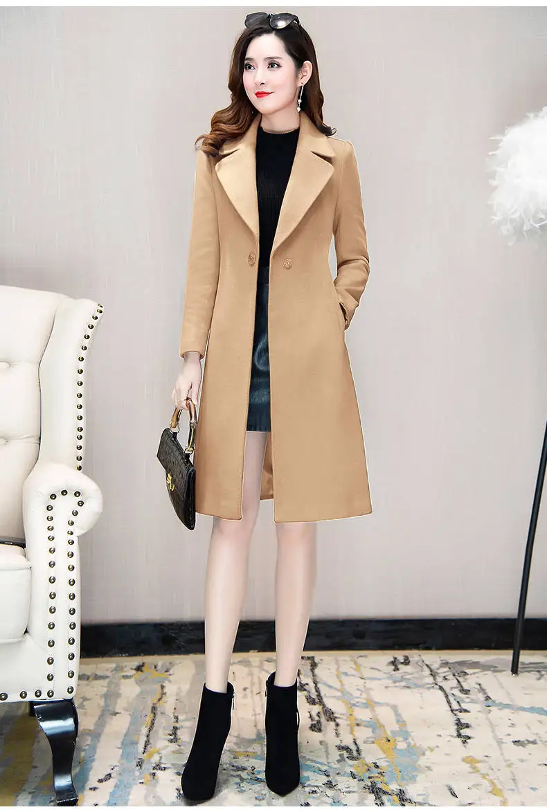 Новинка, зимняя приталенная Женская шерстяная куртка размера плюс, повседневная, с карманами, средней длины, одноцветная, с длинным рукавом, зимнее шерстяное пальто для женщин