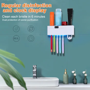 

Timing UVC Organizer Wall Mounted Self Adhesive With Toothpaste Squeezer Toothbrush Sterilizer Holder Punch Free Storage Rack