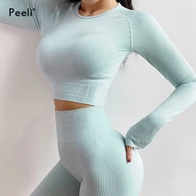 Бесшовный комплект для йоги Peeli в рубчик, спортивный костюм, одежда для тренировок для женщин, короткий топ с длинным рукавом для тренажерного зала, леггинсы с высокой талией, комплект для фитнеса Бесшовный комплект для йоги Peeli в рубчик, спортивный костюм, одежда для тренировок для женщин, короткий топ с длинным рукавом для тренажерного зала, леггинсы с высокой талией, комплект для фитнеса