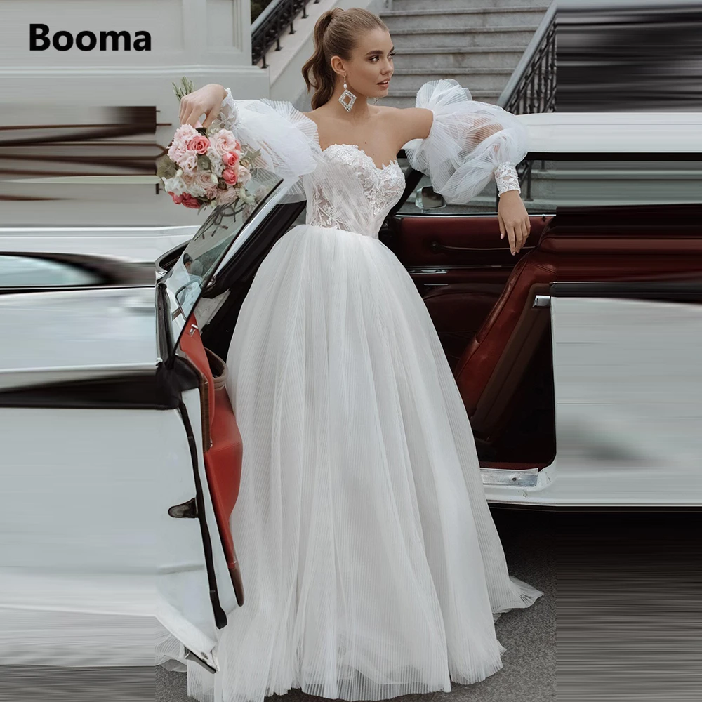 

Booma Pleated Tulle Beach Wedding Dresses Long Puff Sleeves Off Shoulder Bride Dresses Open Back Lace Appliques Bridal Gowns
