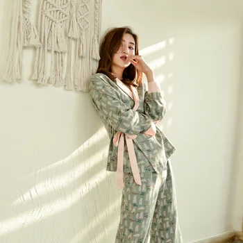 

Feier Brushed Cotton 2 Pieces Long Sleeve Pajamas Set Women Japanese Kimono Autumu Winter Homewear Casual Sleepwear