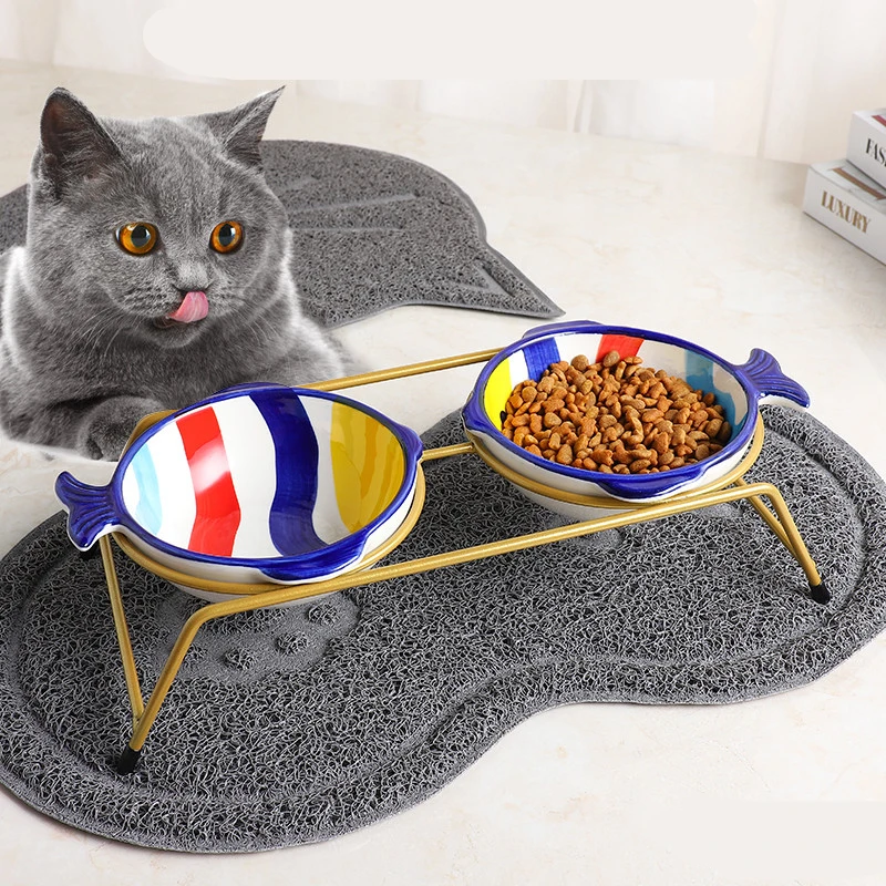

Pet High-end Ceramic Bowl Tilt Iron Frame Cartoon Feeding Drinking Bowls for Dogs Cats Pet Food Feeder Dispenser Accessories