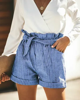 

2019 Fashion Women Striped High Waist Cropped Shorts With Belt Trousers Summer Casual Shorts