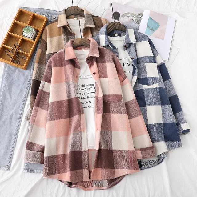 2021 New Plaid Shirts Women Top and Blouses Long Sleeve Pure Woolen Ladies Casual Blusas One Pocket Loose Female Checked Shirt 2