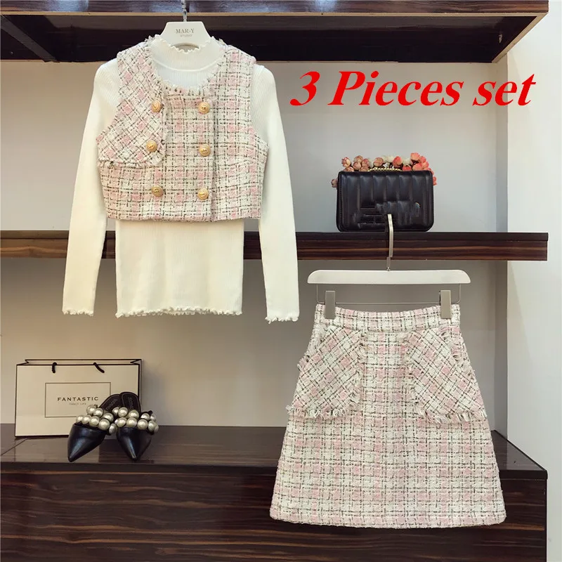 3 piece set Милый розовый твидовый в клетку 2/3 шт. комплект осень зима твидовый пуговица кисточкой короткий жилет+ белый свитер+ карман мини шерсть юбка комплект - Цвет: 3 piece set