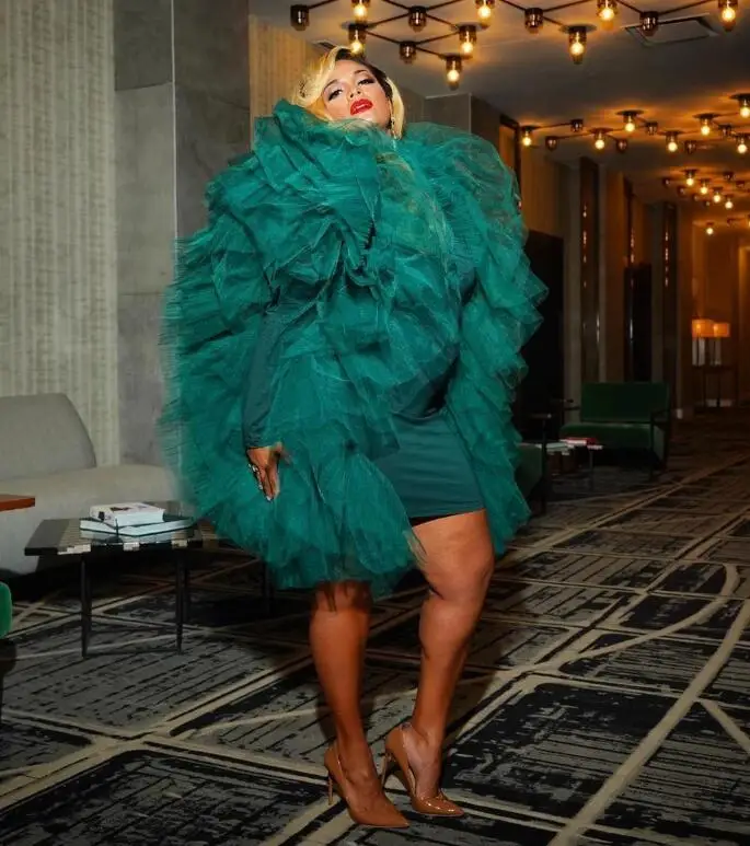 Elegant Greeen Tulle Ruffled Tops Women