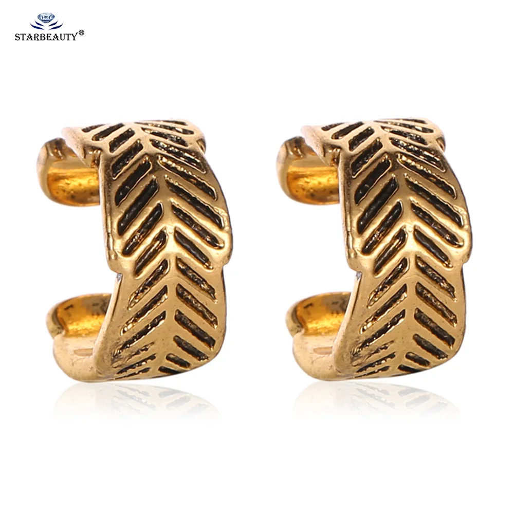 Golden x 2pcs 2 шт., Винтажные серьги-манжеты в виде листьев, женские и мужские ювелирные изделия, пирсинг для ушей, Oreja, поддельный пирсинг спираль, клипсы - Окраска металла: Golden x 2pcs