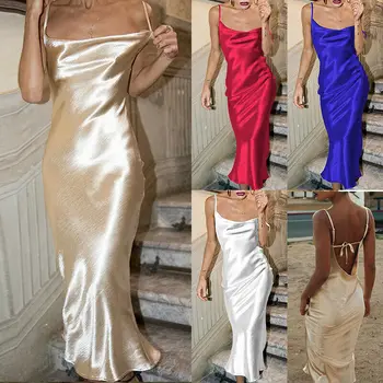 

Women Shinny Sexy Backless Midi Dress Sling Satin Sleeveless Evening Party Dress