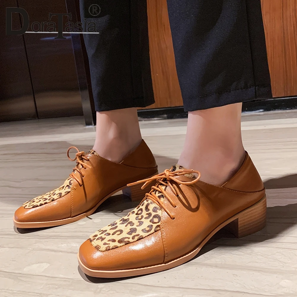 

DORATASIA Retro Lady Lace Up Genuine Leather Pumps Casual Office Pumps Women Square Toe Leopard Pattern Spring Shoes Woman