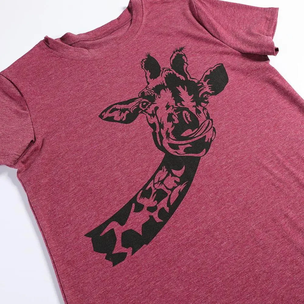 Kureas Женская Футболка мешковатые трикотажные футболки Летние повседневные топы с принтом жирафа и круглым вырезом эластичная удобная женская одежда - Цвет: Фиолетовый