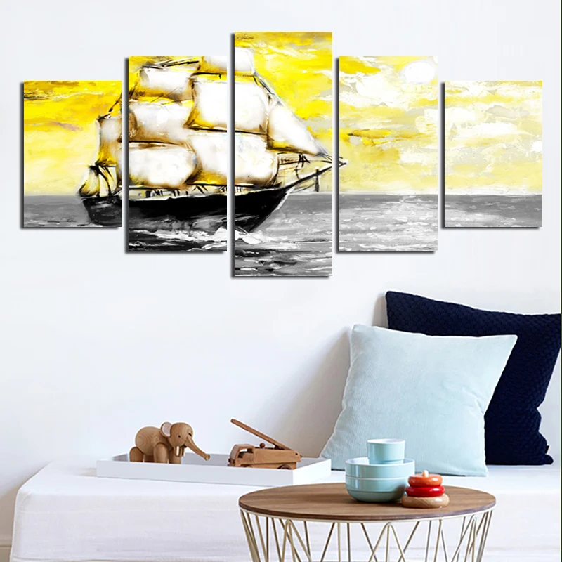 

Modern Abstract Canvas Painting Creative Poster Yellow Sea Sailing Boat Landscape Mural Home Decoration 5 Sheets/set Frameless