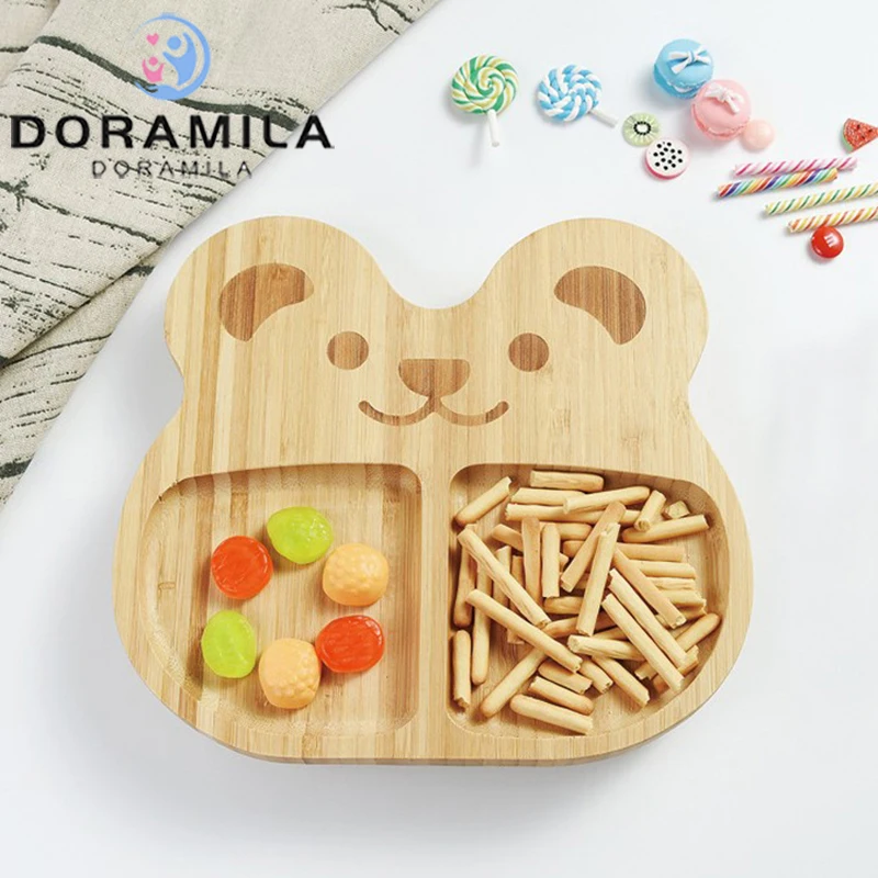 

Wooden Cute Bear Baby Plate Food Dishes Plate Cartoon Kids Feeding Eating Bowl Spoon Set Tableware Fruit Tray Natural Bamboo