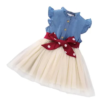 

Summer Baby Girl Dress Girls Clothes Bow Tie Denim Gauze Fly Sleeve Patchwork Princess Dress For Girls Clothing Drop Shipping
