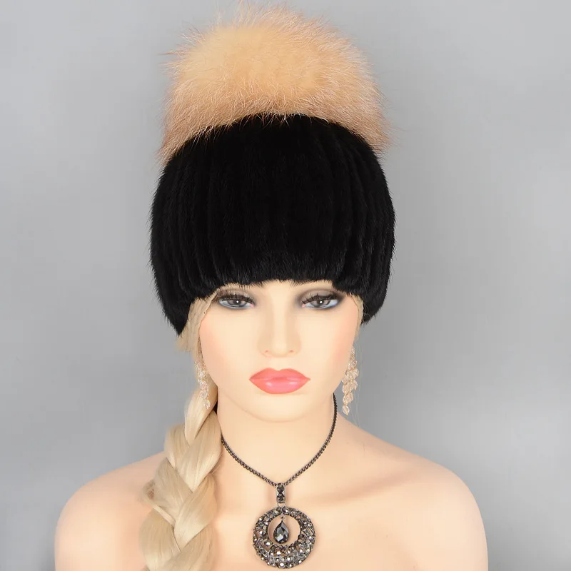 Женская вязаная норковая меховая шапка женская меховая шапка с помпон из лисьего меха подкладка женские зимние головные уборы шапки с помпоном для шапочки - Цвет: black