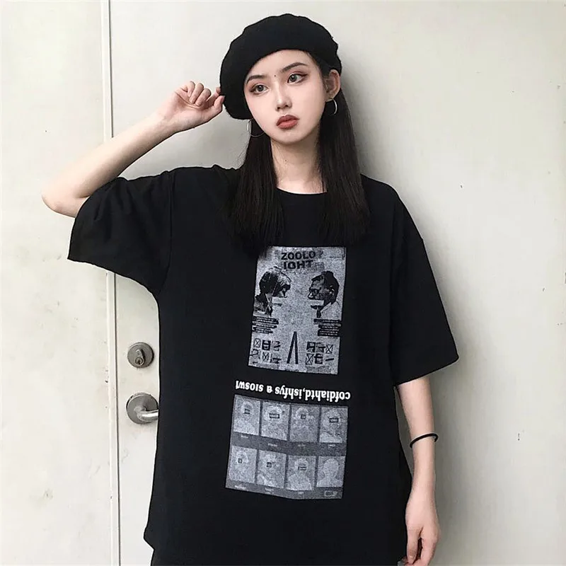 

Lychee Harajuku Letter Print Women T Shirts Top Tees Black Crew Neck Women Top Tee T Shirt Summer Vintage Lady T-shirts Tee