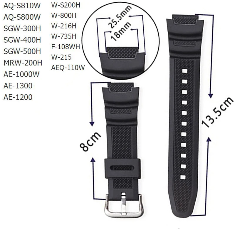 black S Каучуковый ремешок для объектива с оптическими зумом Casio AE-1000w AQ-S810W SGW-400H/SGW-300H силиконовый ремешок для часов булавки Туфли с ремешком и пряжкой часы на запястье браслет цвета: черный - Цвет ремешка: black S