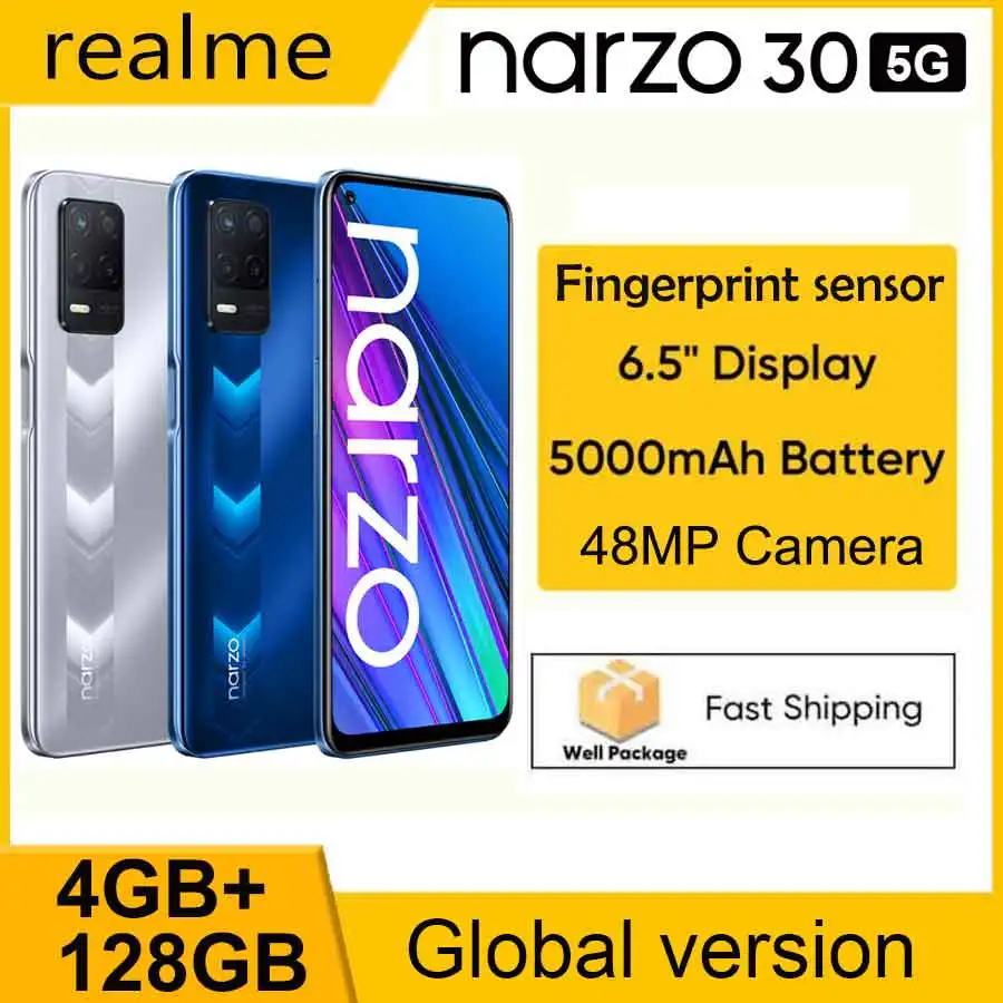 realme Narzo 30 5G Smartphone 4GB 128GB 6.5'' Fingerprint Sensor 48MP Triple Camera 5000mAh Battery Cell phone With 3 Card Slot |