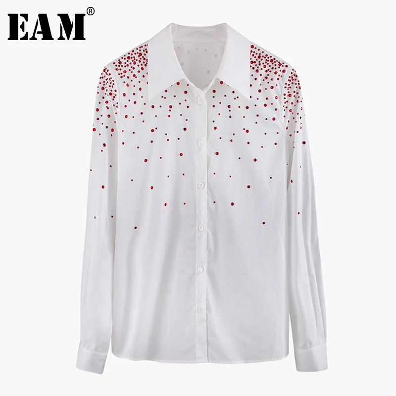 

[EAM] Women Rhinestone Pleated Contrast Color Blouse New Lapel Long Sleeve Loose Fit Shirt Fashion Tide Spring Autumn 2019 1A499