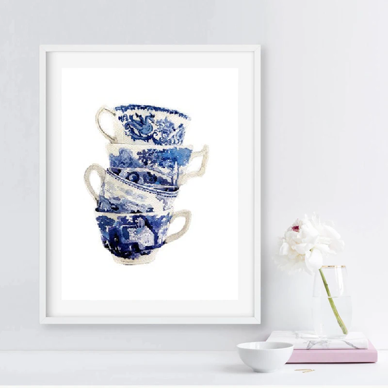 Vintage-Tea-Cups-Watercolor-Art-Prints-Blue-White-Willow-Tea-Cup-China-Art-Canvas-Painting-Wall