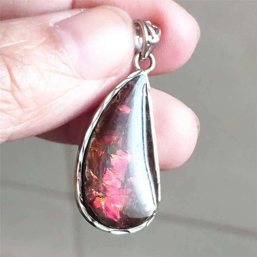 

Genuine Natural Red Ammonite Ammolite Colorful Light Pendant Gemstone 28x15mm Women Men From Canada Rare Necklace AAAAA