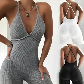 

AA Backless Criss-cross Sexy Women Jumpsuit Rompers New Deep V-neck Sleeveless Bodycon Jumpsuit Sports Causal Summer Jumpsuit