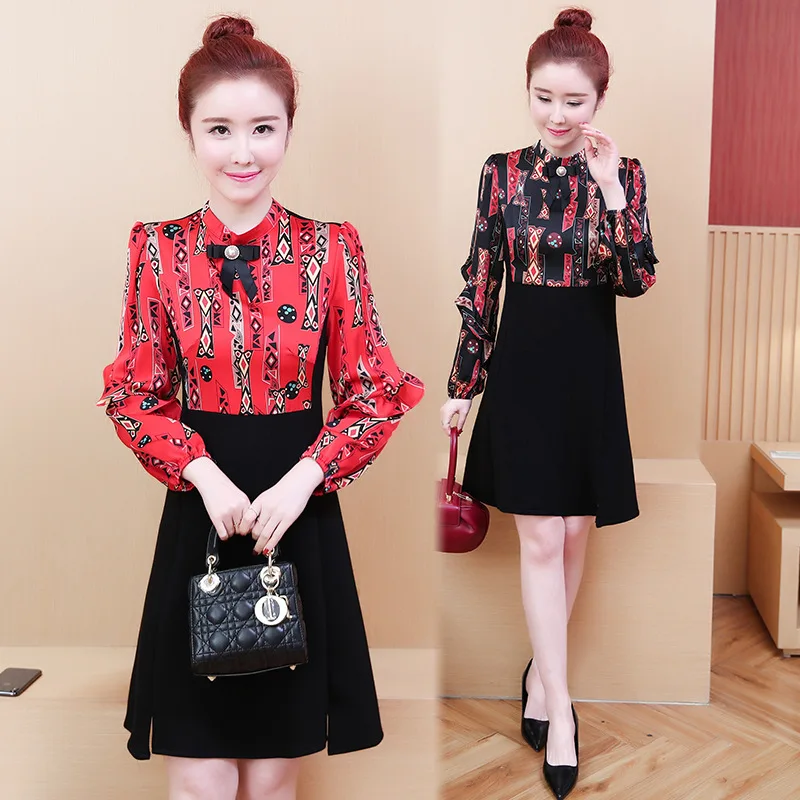 

2019 Autumn New Style Korean-style Large Size Dress Plum Mom Elegant Vintage Printed Joint Chiffon Dress Children