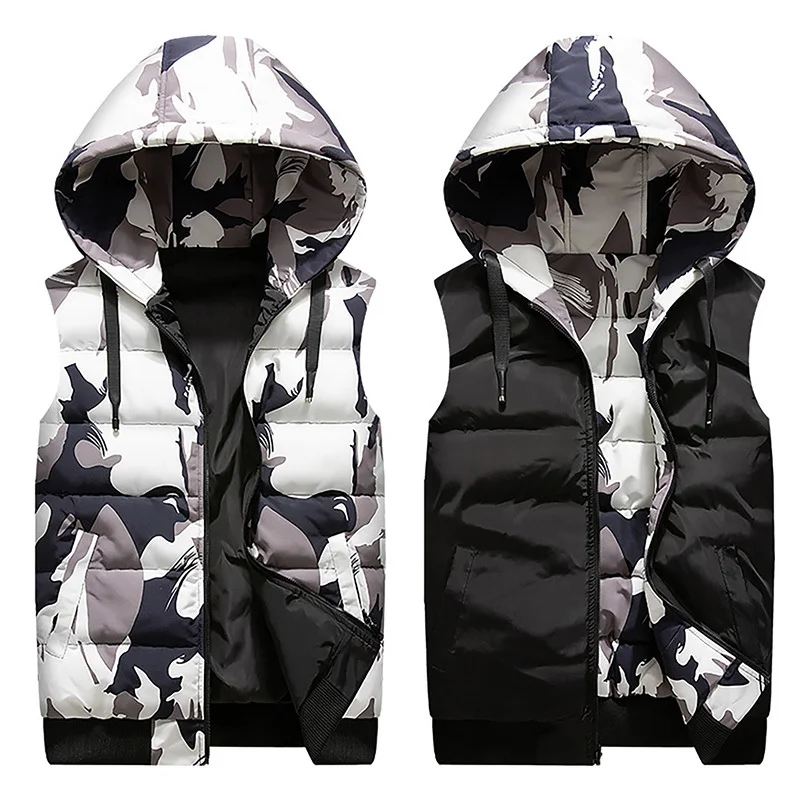CamouflagGray Новинка, зимняя Двусторонняя куртка без рукавов с капюшоном, стильный Камуфляжный мужской жилет размера плюс 4XL, двусторонний ветрозащитный Теплый жилет - Цвет: CamouflagGray