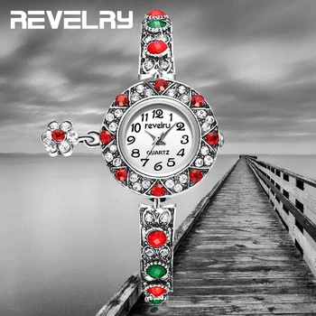 

2019 Hot Sales Women Vintage Quartz Watch Red Resin Dial Shining Crystal Antique Silver Bracelet Watch Fashion Woman Dress Watch