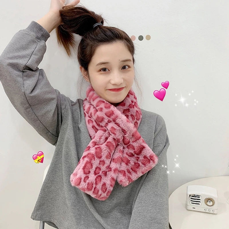 Women Pink Leopard Print Cross Loophole Collar Scarf Harajuku Winter Furry Plush Neckerchief Thermal Neck Warmer Wrap