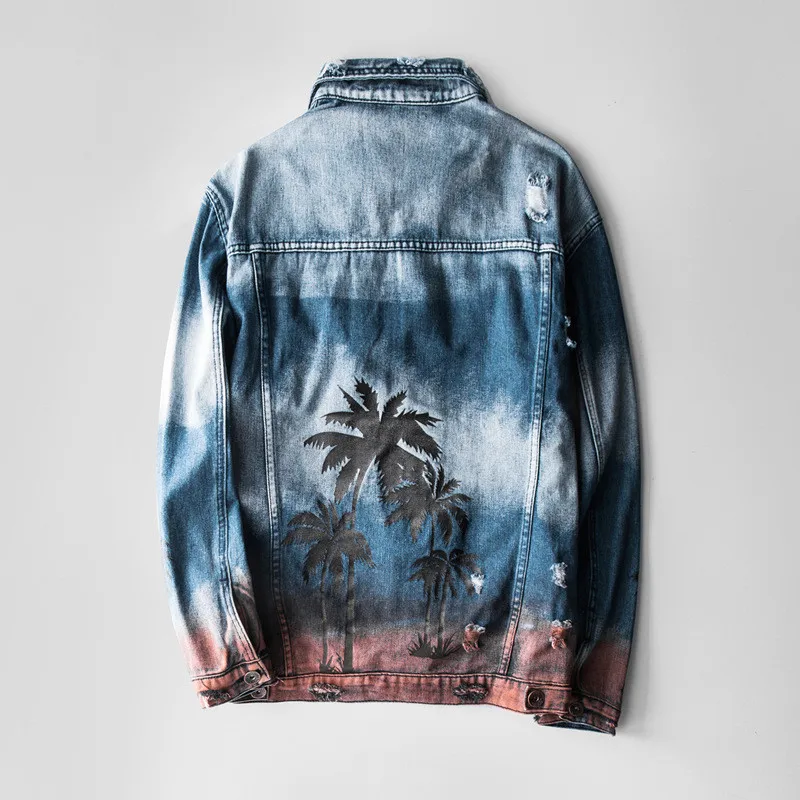 KIMSERE Для мужчин модная марка NEW Fashion Hi Street рваные джинсы с принтом куртки с отверстием рваная уличная одежда окрашенная джинсовая куртка Верхняя одежда для детей
