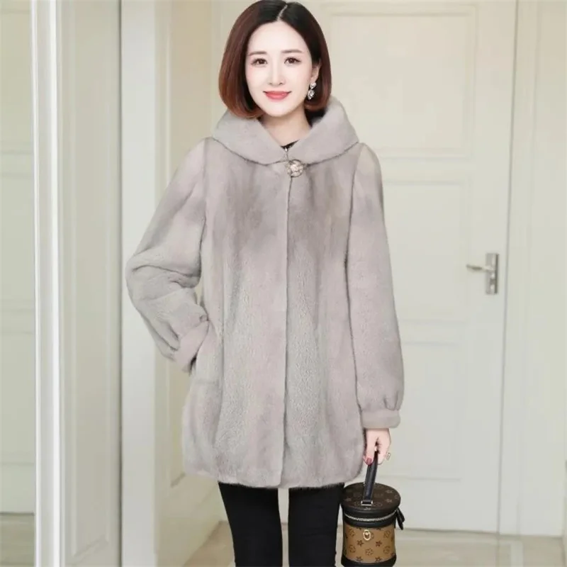 2023 New Imitation Mink Fur Loose Hooded Thick Mid-Length Coat Women's Winter Middle-Aged Mother's Winter Coat Mujer Elegant
