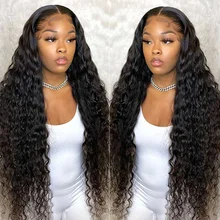 Deep Wave Frontal Wig Transparent Lace Frontal Wigs 30 Inch Long T Part Brazilian Wet and Wavy Curly Lace Front Human Hair Wigs