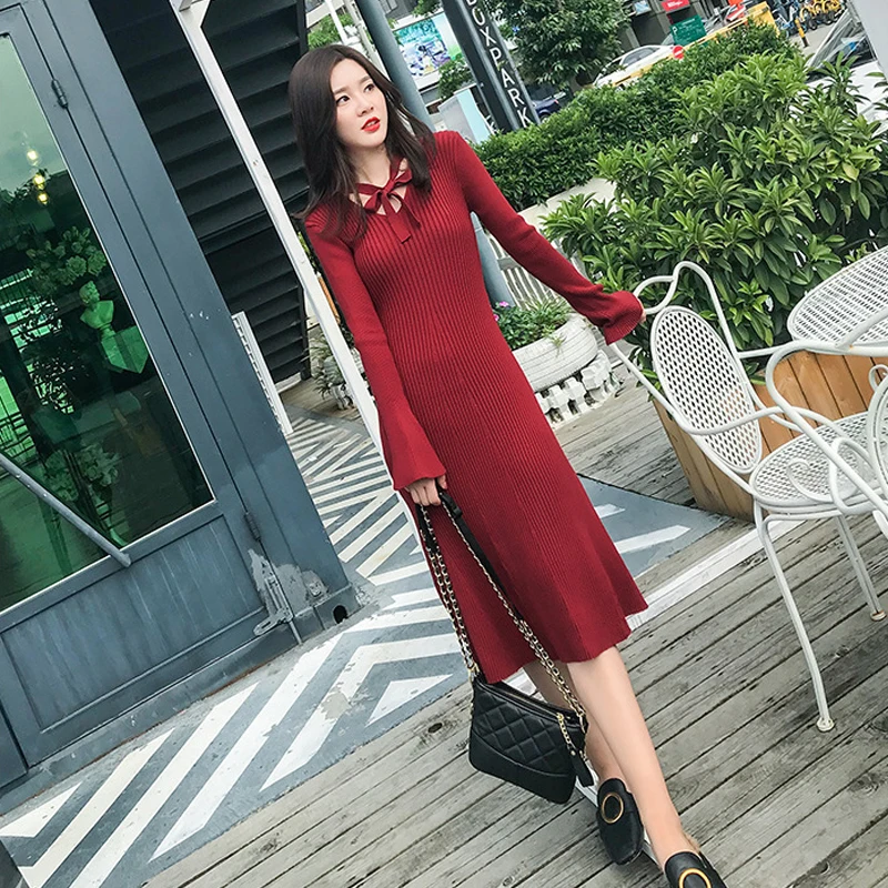 

Black Sweater Dress Women Fall Winter V-neck Sash Bow Flare Long Sleeve Dress Elegant A-line Knitted Dress Autumn Winter Dress