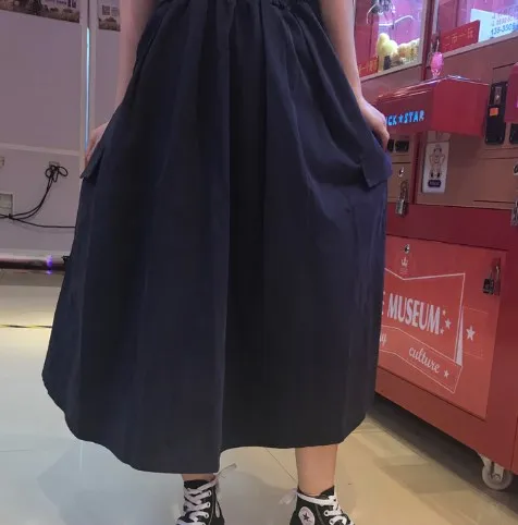 safari style pockets skirts womens robe femme elastic waist casual loose prairie chic vintage long skirt pleated skirt fw552 - Цвет: Черный