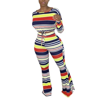

2 Pieces Suit Set, Women’ s Striped Round Neck Long Sleeve Crop Top+ Loose Pants, S/M/L/XL/XXL/XXXL