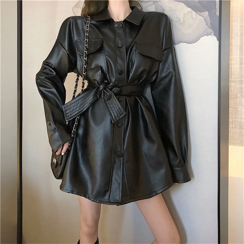 

Dresses For Women Autumn Winter 2020 Undefined Black Waist Sashes Leather Mini Dress Free Size Christmas Robe Vestidos 