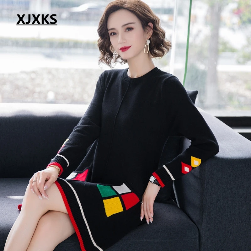 

XJXKS Warm Casual Knitwear Autumn And Winter New 2022 Wool Large Size Women Knitted Elegant Sweater Pocket Long Sweater
