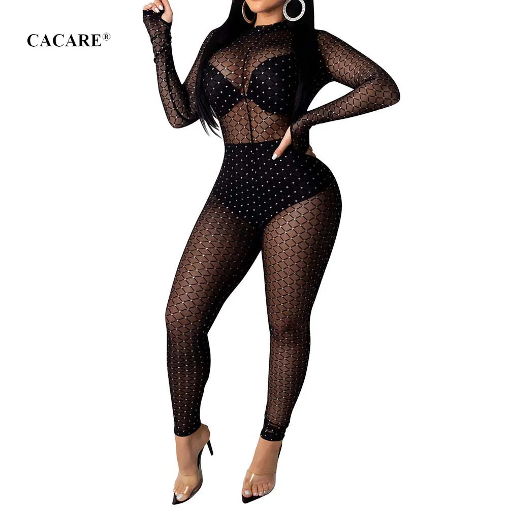 

See Through Lace Bodycon Jumpsuit Black Women Romper Bodysuit Playsuit Bodies Ladies Overalls F0310 Long Sleeve